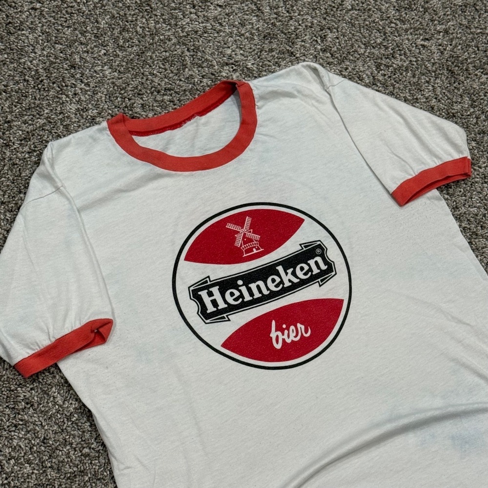 GRAIL True Vintage 70s Heineken Beer Ringer Tee VTG TShirt Mens L White Retro‎
